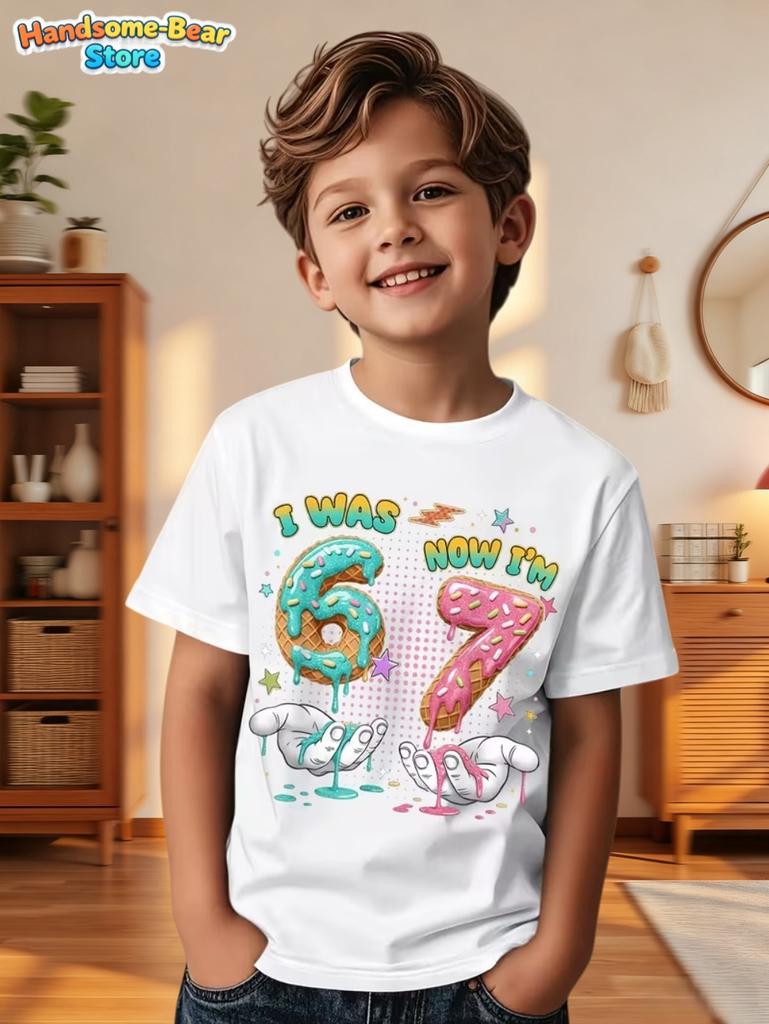 67 Meme T-Shirt for Kids 6-7 Years Old Birthday Party Gifts Summer Short Sleeve Tees Crew Neck Graphic Y2k Children's Clothing