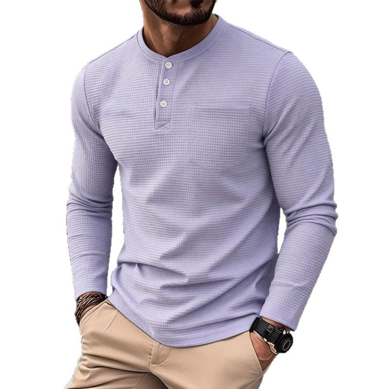 Мужская вафельная футболка-henley с длинным рукавом и карманом