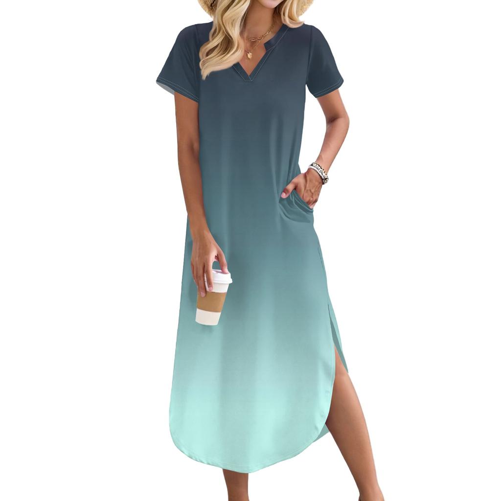 Женское длинное платье-рубашка с V-образным вырезом, повседневное, с коротким рукавом и свободным разрезом