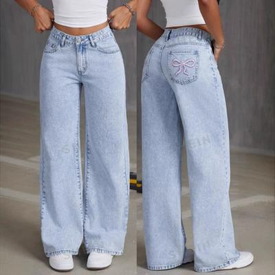 Женские модные широкие брюки с вышитым бантом на заднем кармане, универсальные брюки из выстиранного денима
