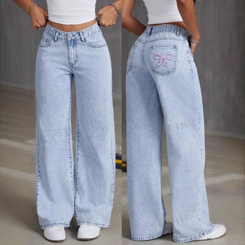 Women's Back Pocket Bow Embroidered Fashionable Wide Leg Pants Versatile Washed Denim Trousers