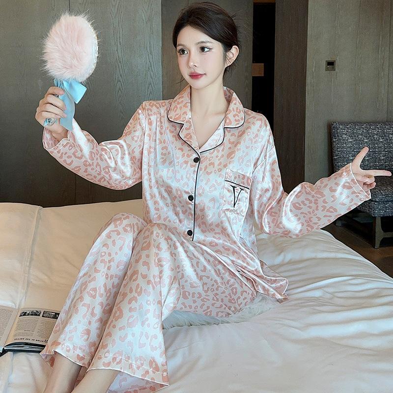 Новинка весны и осени, женская пижама Ice Silk Premium Feeling, домашний комплект для девочек, розовая леопардовая шелковая пижама, домашний комплект для девочек