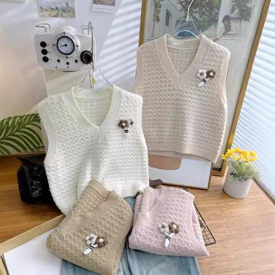 Маленький свежий трехмерный цветочный вязаный жилет женский осенний свитер с V-образным вырезом жилет верхняя часть внешний наряд