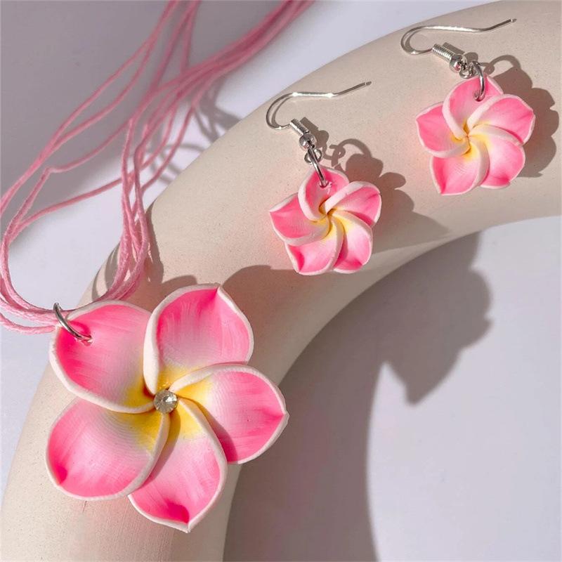 Colorful Bohemian Soft Clay Flower Jewelry Set, Dangle Earrings & Pendant Necklace, Summer Vacation Beach Party Accessories