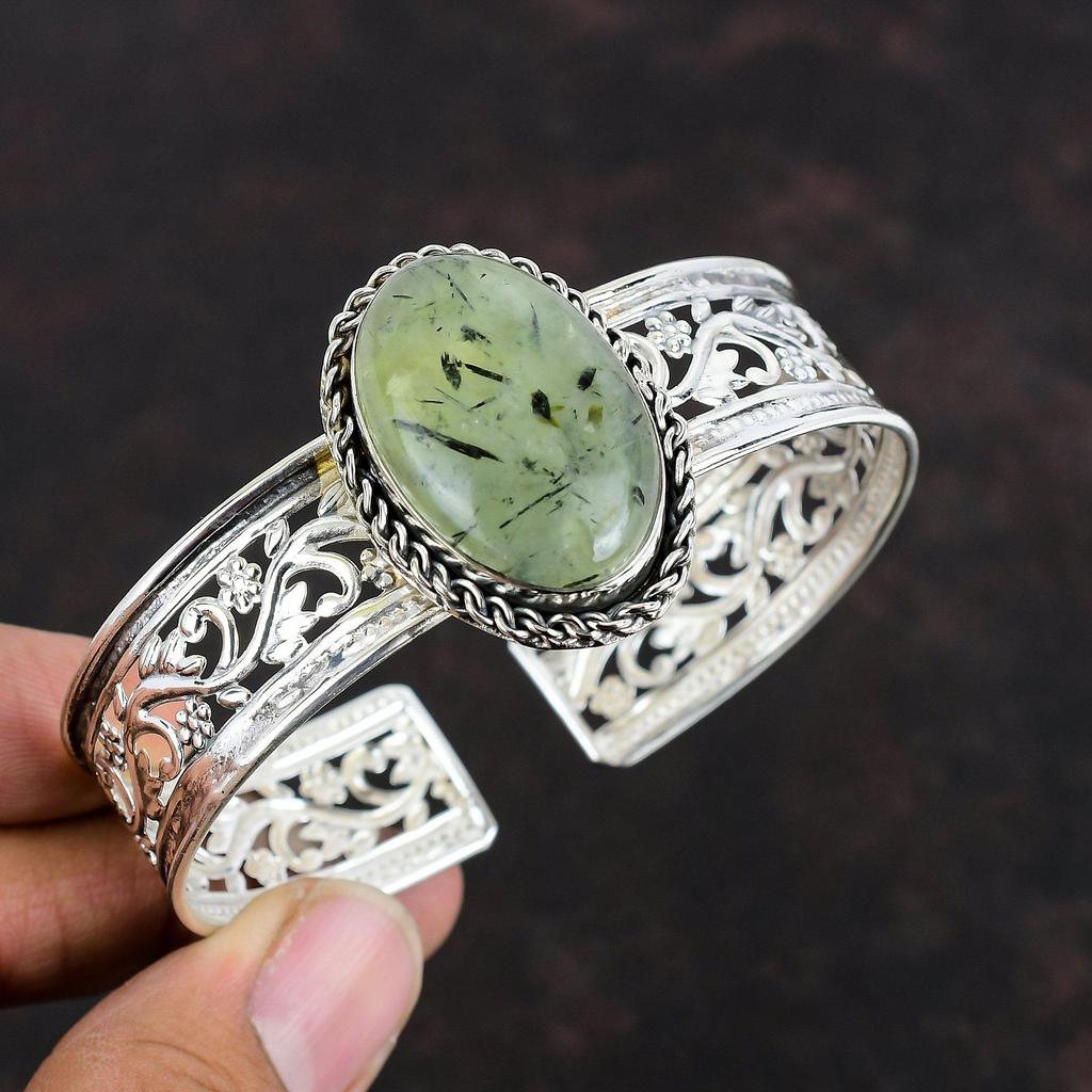 Браслет-манжета из мха пренита с драгоценными камнями, браслет ручной работы последнего дизайна из стерлингового серебра 925 пробы, регулируемый браслет-манжета, подарки для нее