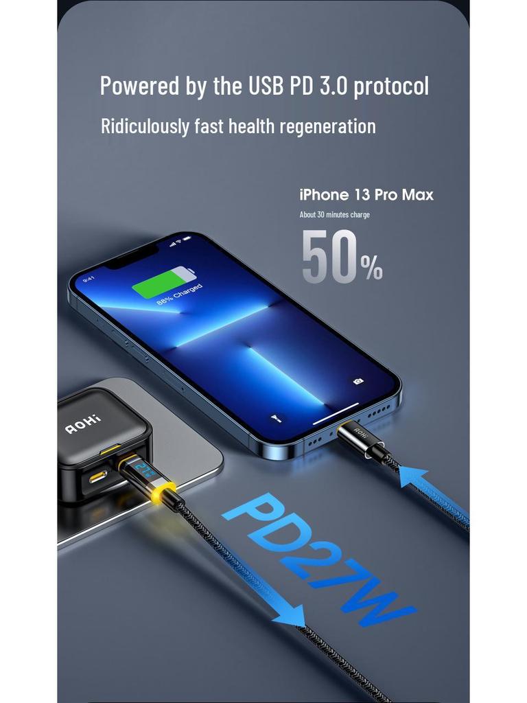 Кабель для передачи данных Aohi для iPhone 14: Быстрая зарядка PD 20 Вт, цифровой дисплей CL, сертифицирован Apple MFI для 15 Pro Max.