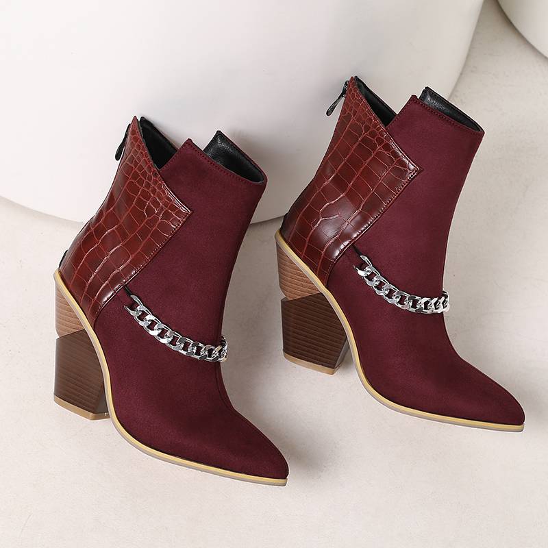 Krazing Pot Polyurethane Autumn Winter Shoes 47 Size 48 Super Size Wedges Pointed Toe Metal Chains Mid-calf Boots