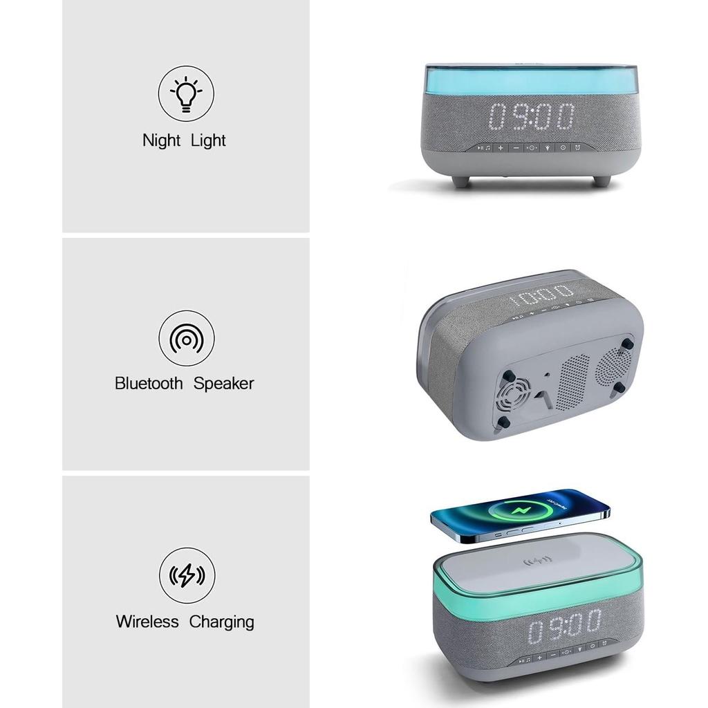 Alarm Clocks for Bedrooms Night Light Bluetooth Speaker Sound Machine Dimmable LED Display Fast Wireless Charger Station