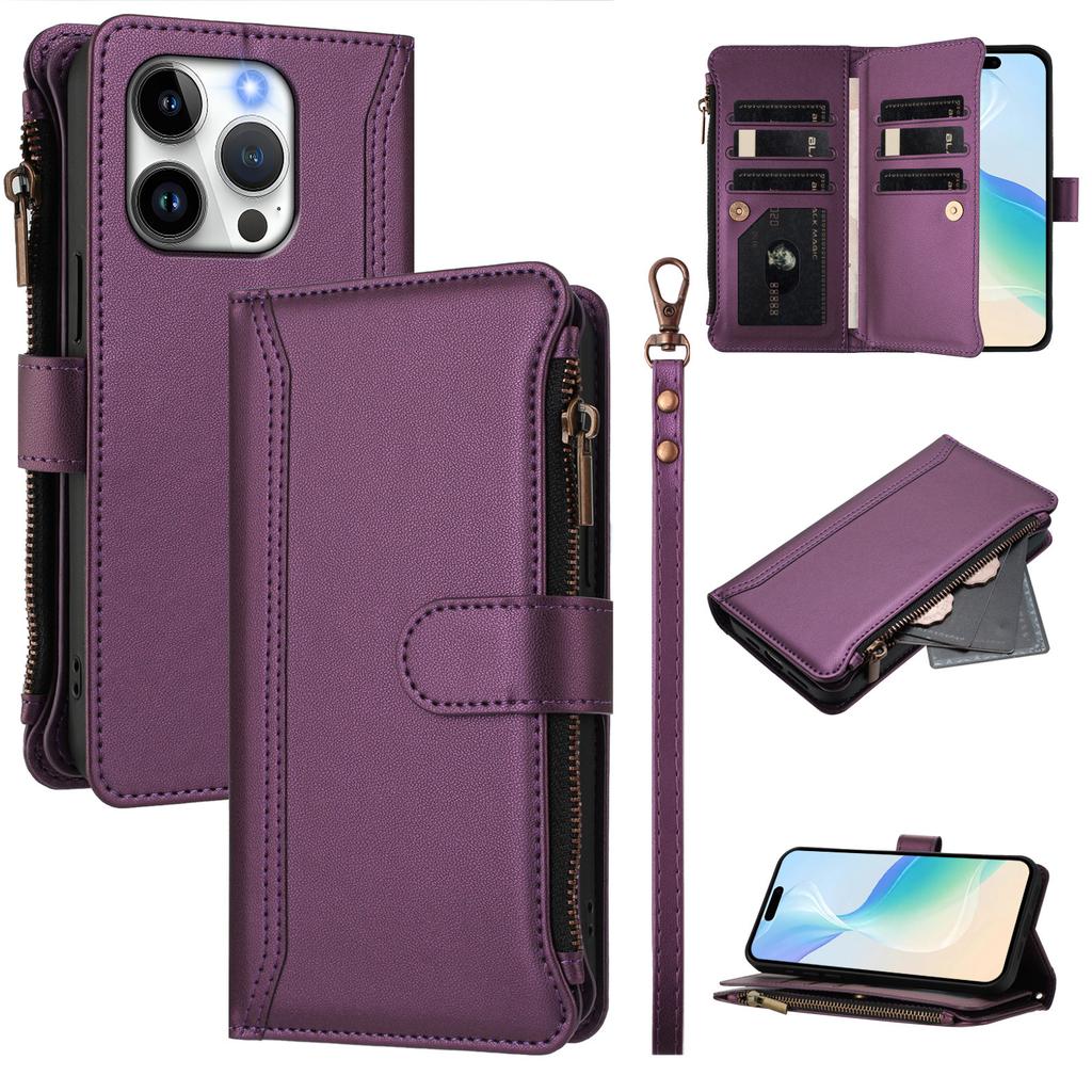 For iPhone 15 Pro Leather Case 9 Card Slots Zipper Wallet Stand Phone Cover with Wrist Strap
