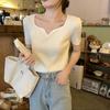Chic French V-Neck Square Neck Short Sleeve Knitted Sweater T-Shirt for Women