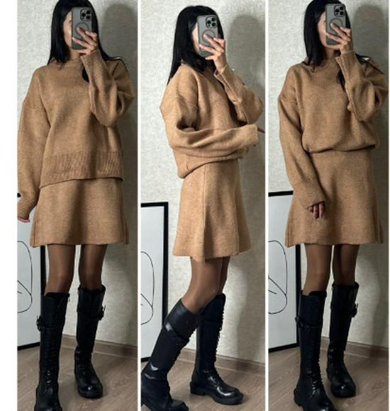 Осенний однотонный повседневный вязаный костюм-юбка в студенческом стиле для женщин 2024