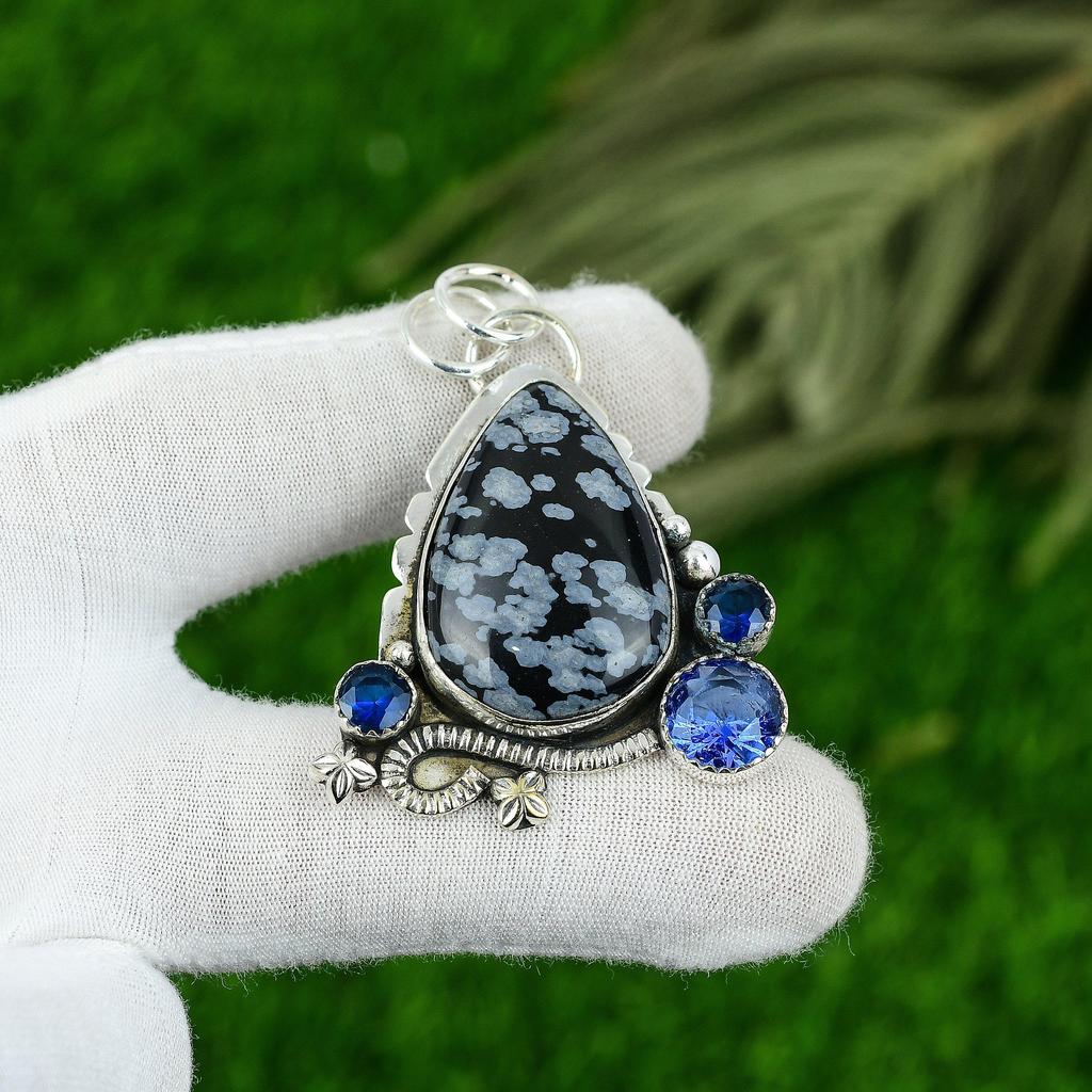 Birthday Gift For Her Natural Snoflake Obsidian Gemstone Pendant 925 Silver