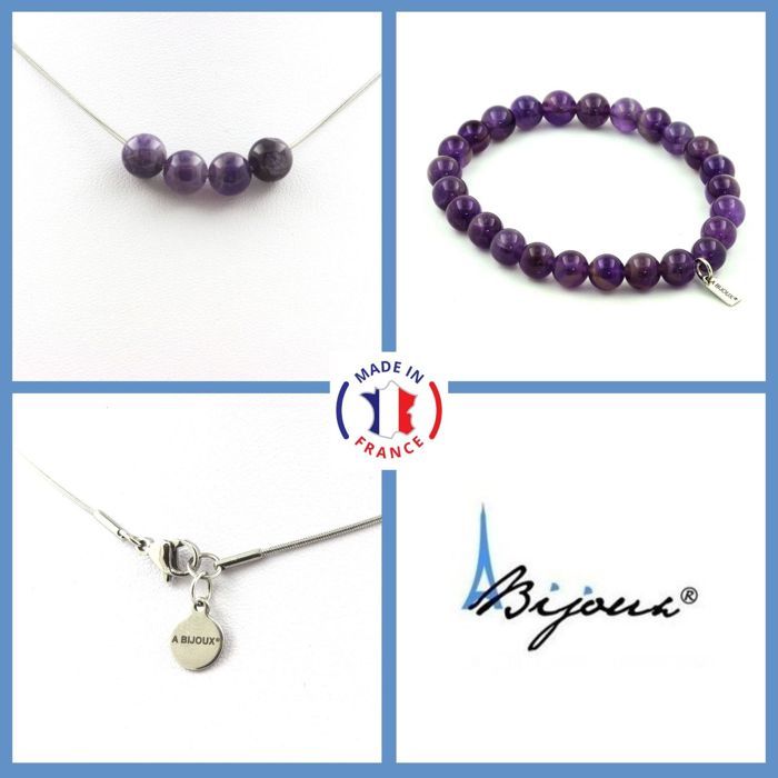 Stones and Minerals. Jewelry Set Bracelet Necklace 4 Amethyst Pearls 8 Mm. Chain In Customizable Size.