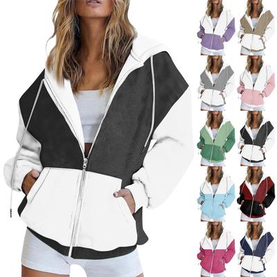 Женская толстовка с длинным рукавом, однотонная, с принтом в стиле пэчворк, с карманом, на молнии, с капюшоном