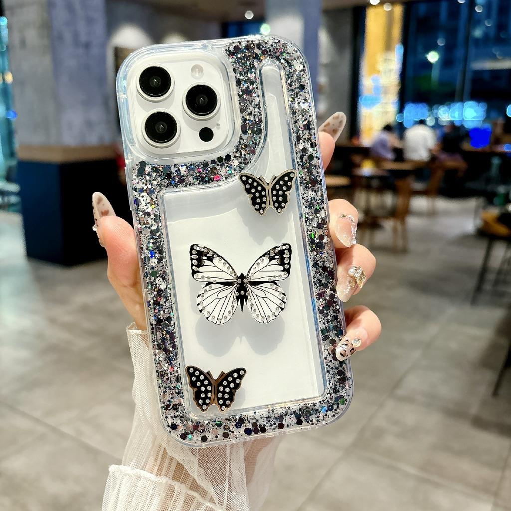 For iPhone 16 Pro Case with 3 Butterflies Decor Glitter Rhinestone Epoxy Design TPU Phone Cover