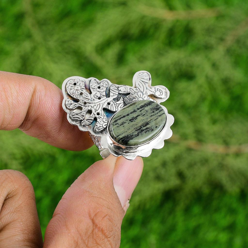 Gift For Women Promise Adjustable Ring 925 Silver Natural Silver Leaf Jasper