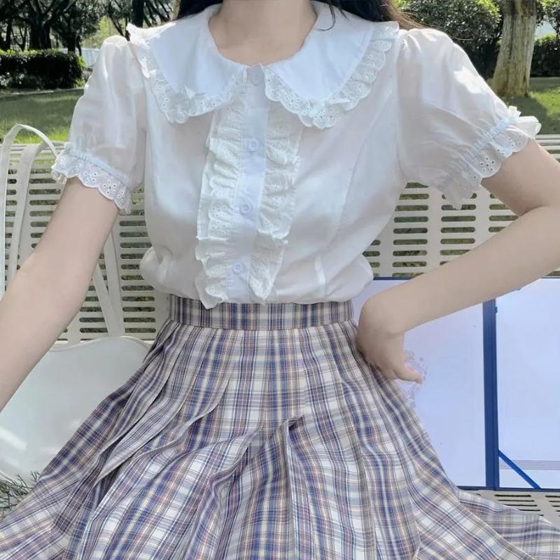 Deeptown Kawaii Блузки в стиле Лолиты, белые женские милые кружевные топы, рубашки с рюшами, винтажные милые топы с пышными рукавами в японском консервативном стиле
