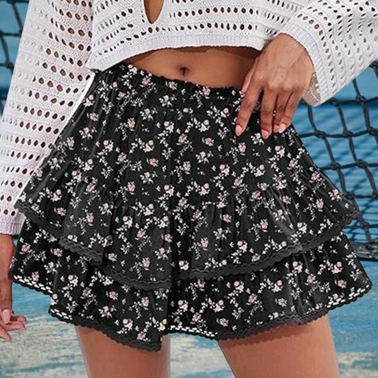 Women Cake Skirt High Waisted Double-Layered Ruffle Bohemian Mini Skirt with Elastic