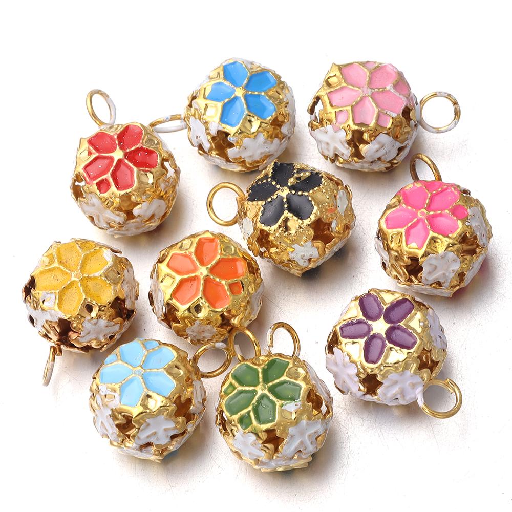 10Pcs/lot 14mm Hollow Enamel Flower Bell Charms Pendants Colorful Jingle Bell For Jewelry Making DIY Bracelet Necklace Keychain