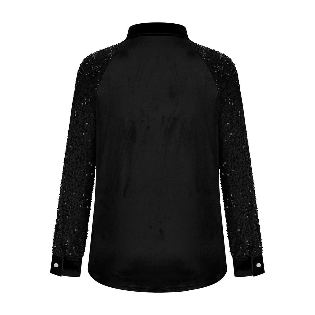 Женская мода Однотонный воротник Длинный рукав Пуговица Блестящий Золотой Бархат Вставка Рубашка Топ