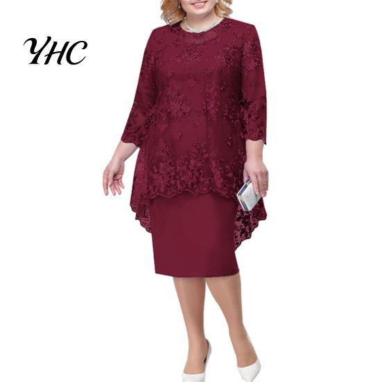 Lady Evening Dress O-neck High-Waist Plus Size Midi Embroidery Lace 3/4 Sleeve Female Clothing