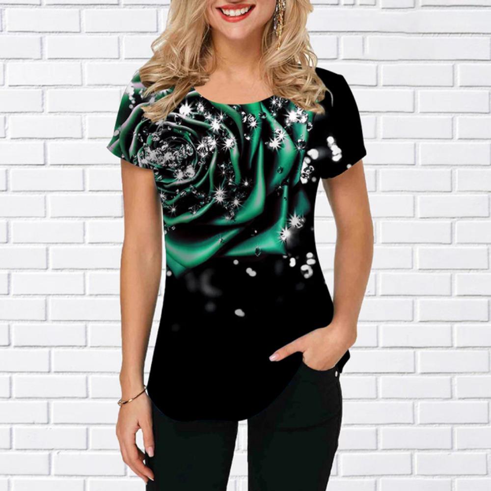 Новая женская роскошная одежда, летняя одежда, футболки с принтом роз 3D, футболки для девочек, уличная одежда с круглым вырезом, свободная одежда Laides 2023