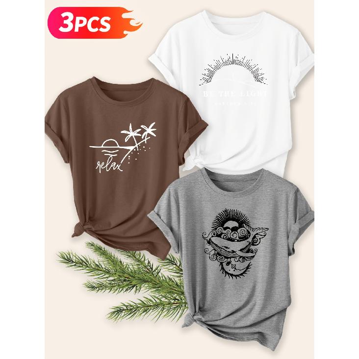 Three-piece set Elegant short-sleeved shirt for women Spiritual and Aesthetic Theme Printed Round Neck Women's T Shirt Suitable for spring