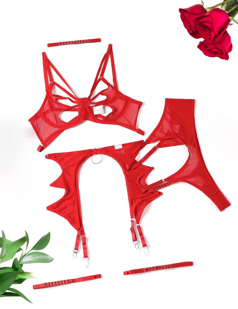 Популярное европейское и американское эротическое белье: Сексуальный сетчатый бюстгальтер, облегающий, на косточках, комплект из 4 предметов