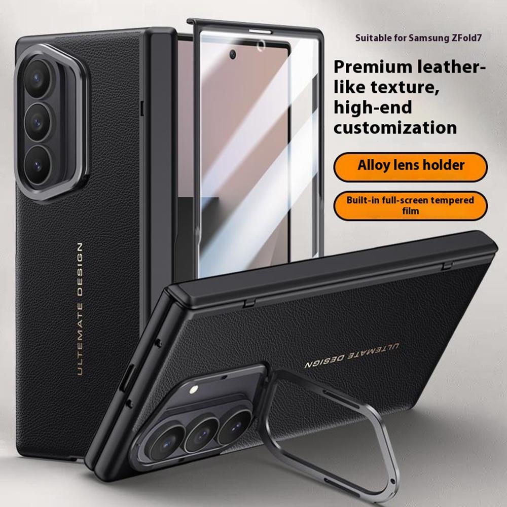 For Samsung Galaxy Z Fold7 5G Case Leather+PC Phone Cover with HD Tempered Glass Film,Lens Kickstand