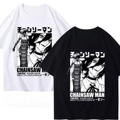 Мультяшная футболка Chainsaw Man Reze Мерч Дьявол Резе Футболка с коротким рукавом Аниме Японский стиль Черная футболка Одежда