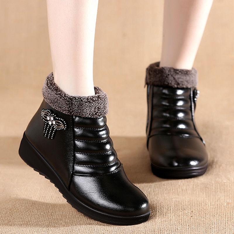 Winter Women's Ankle Boots Cotton-padded Plush Warm-keeping Leather Ladies Winter Boots Skid-proof Working Women Flat Boots