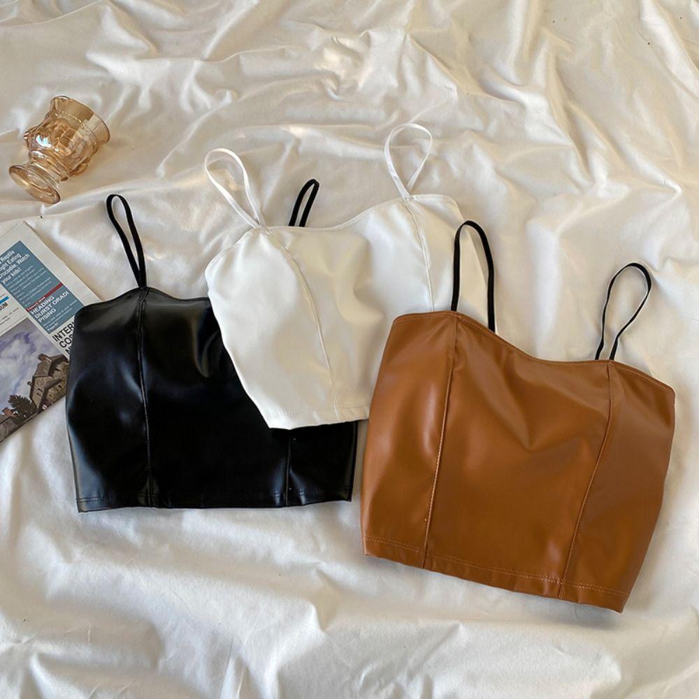 Женский топ-бюстгальтер из ПУ Camisoles Bralette Тонкая бретелька Бюстгальтер Соблазнительный и невинный Топ-майка Девочки