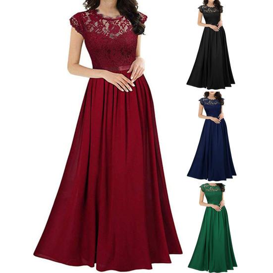 Женское кружевное платье макси с круглым вырезом, плиссированное платье-трапеция, длинное платье для матери невесты на свадьбу