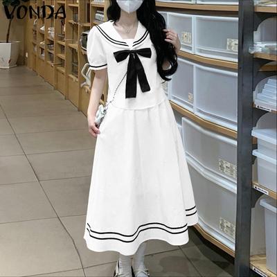 Женские комплекты в студенческом стиле из двух предметов: блузка с коротким рукавом и длинная юбка с матросским воротником