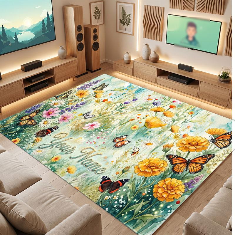 Butterfly Theme Crystal Velvet Floor Rug Personalized Custom Name Text Warm Carpet Home Decoration
