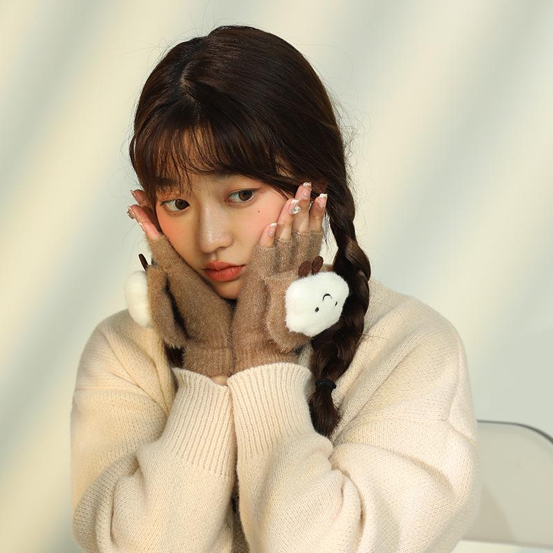 2023 Winter Men's Cute Cartoon Flip Gloves: Warm, Thick, Imitation Cashmere Knit