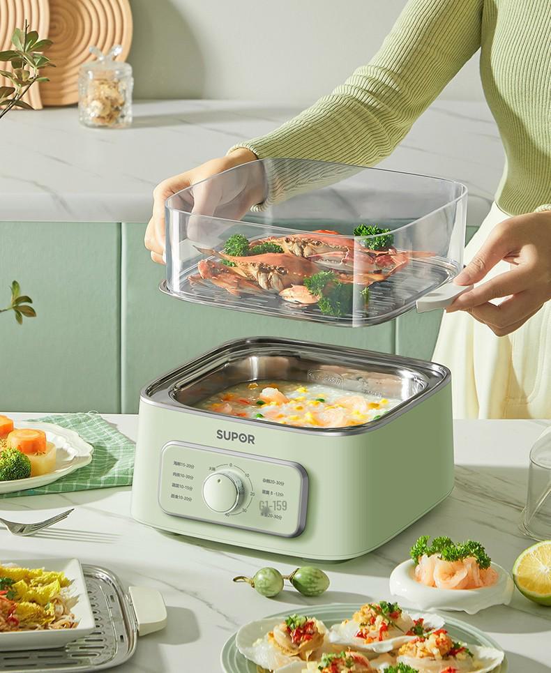 Трехуровневая электрическая пароварка Supor ZN23FK930 из нержавеющей стали с видимой решеткой и большой вместимостью.