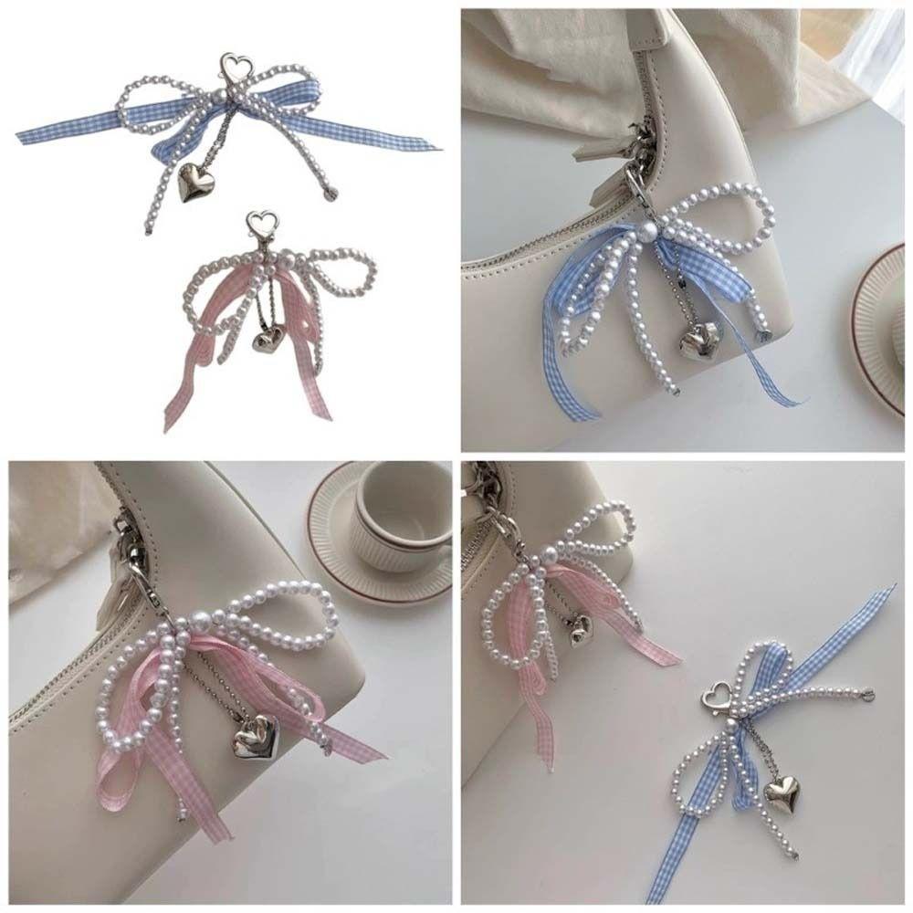 Pearl Plaid Ribbon Bow Key Chain Bag Pendant Phone Pendant Kawaii Balletcore Keychain  Bag Hanging