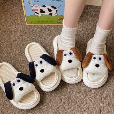 Модные женские тапочки из льна с рисунком милой собаки, женские тапочки на платформе с мягкой подошвой, противоскользящие, для дома, легкие, уютные тапочки для пар