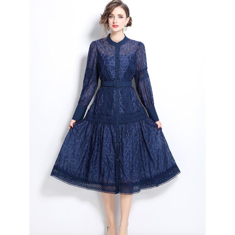 Весна-лето Женские элегантные платья с рукавами-фонариками, сетчатым кружевом, лоскутным шитьем, цветочной вышивкой и поясом