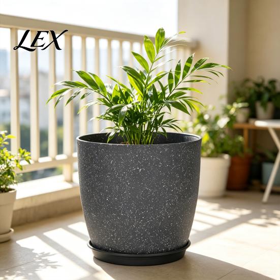 Portable Flower Containers for Patio Modern Plant Pot with Saucer, Gray Garden Pots Drainage Holes, Stone-Look Planter Indoor Outdoor Plants