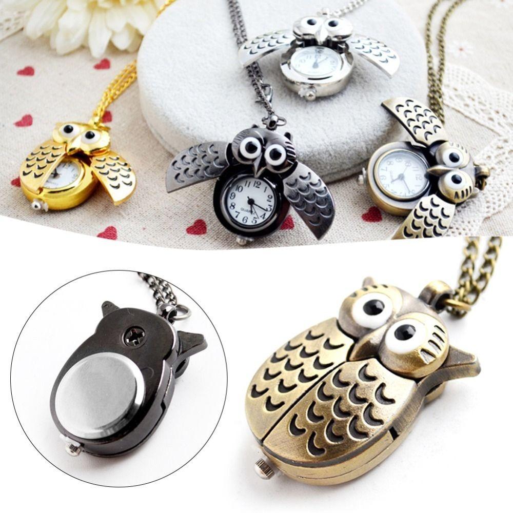 Flip Style Hang Watch Owl Shape Necklace Clock Pocket Watch Keychain For Unisex Adults Children