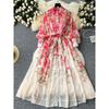 Fashion Print Dress Women's Stand Collar Long Sleeves Fancy Waist Trimming Lace Up Long Dress Niche Style French Chiffon Fairy Dress