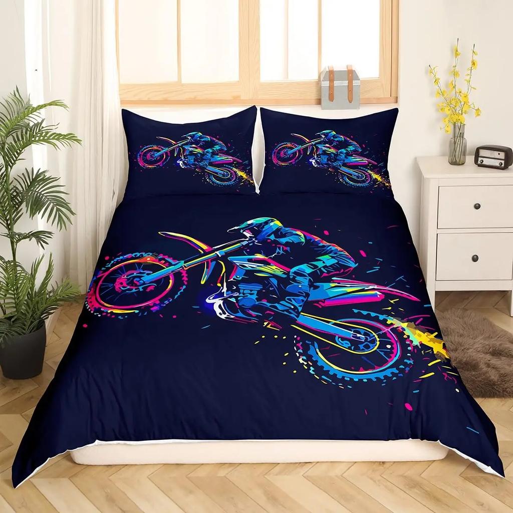 3pcs Cool Motorbike Bedding Set Dirt Bike Duvet Cover Twin Motocross Rider Comforter Cover Extreme Sports For Boys Adults
