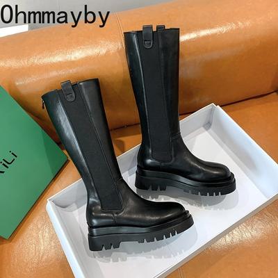 Модные женские высокие сапоги на платформе с высокой талией Модные теплые меховые туфли Осень-зима Квадратные каблуки Женские сапоги до колена