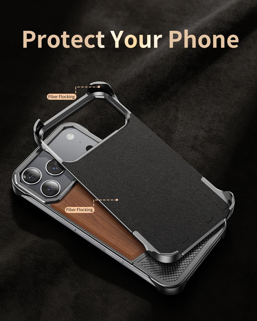 Oatsbasf Чехол для телефона с ощущением натурального дерева для iPhone 17 Pro Max / 17 Pro Металлическая рамка Защитный чехол для телефона Поддержка беспроводной зарядки