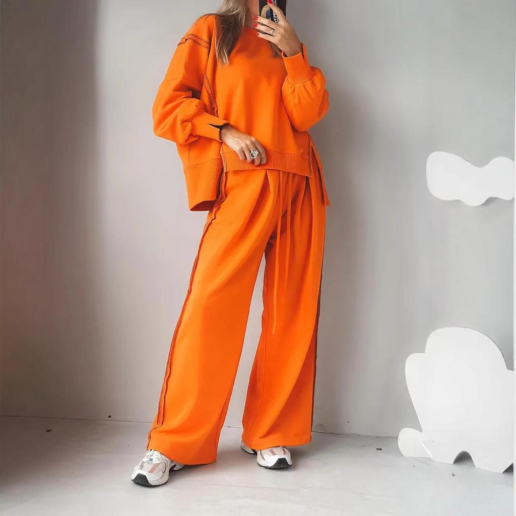 New Autumn and Winter Women's Fashion Casual Set Solid Color Long-sleeved Shirt Long Pants and Round Neck Two-piece Set