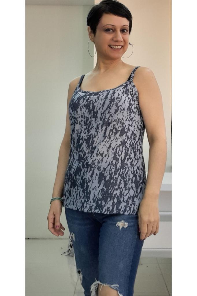 Women's Style Big Size T-Shirt Navy Blue Patterned Rope Strap Combed Cotton Viscose T-Shirt