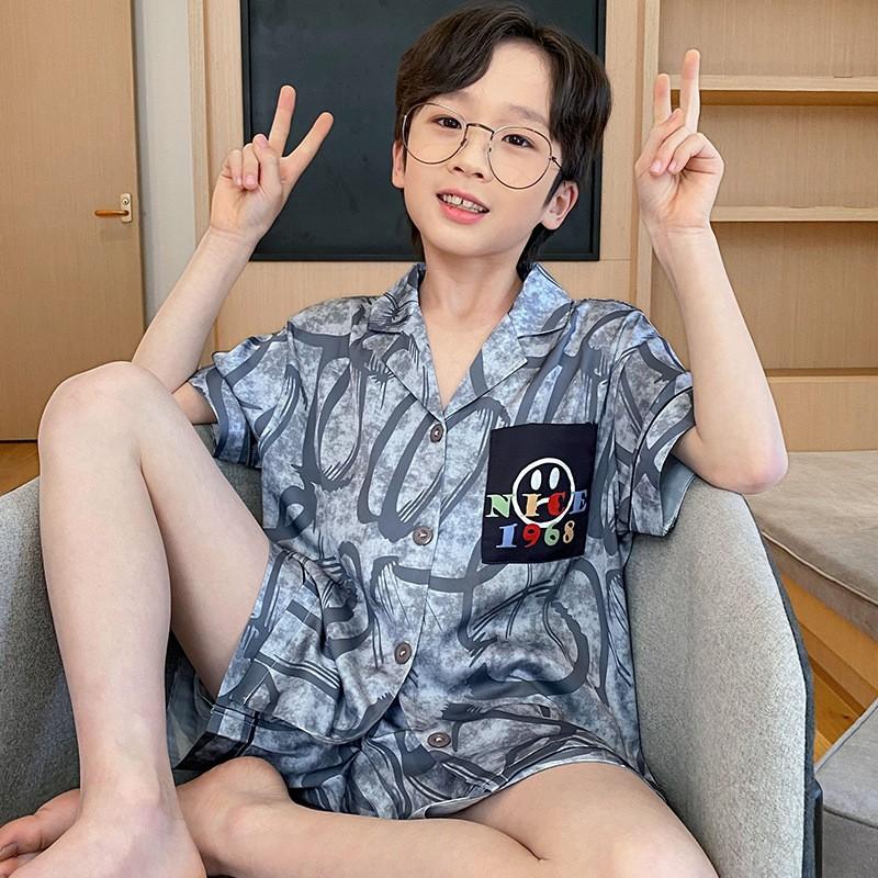 Boys Ice Silk Pajama Set Short Sleeve Long Pants Cartoon Print Sleepwear Kids 8 Years