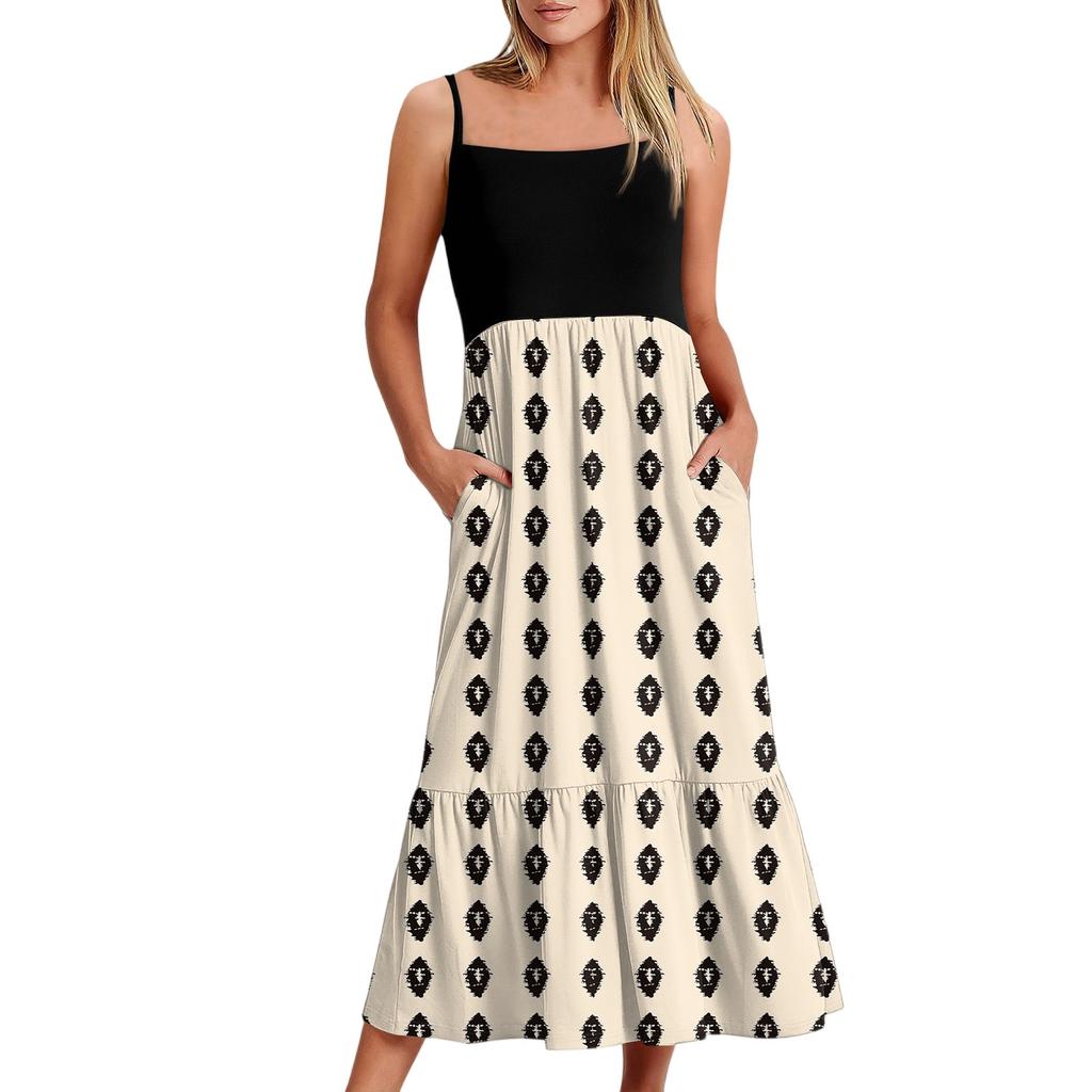 Women's Long Beach Casual Elegant Spaghetti Strap Maxi Dress Floral Low-key Flowing Bohemian Dress